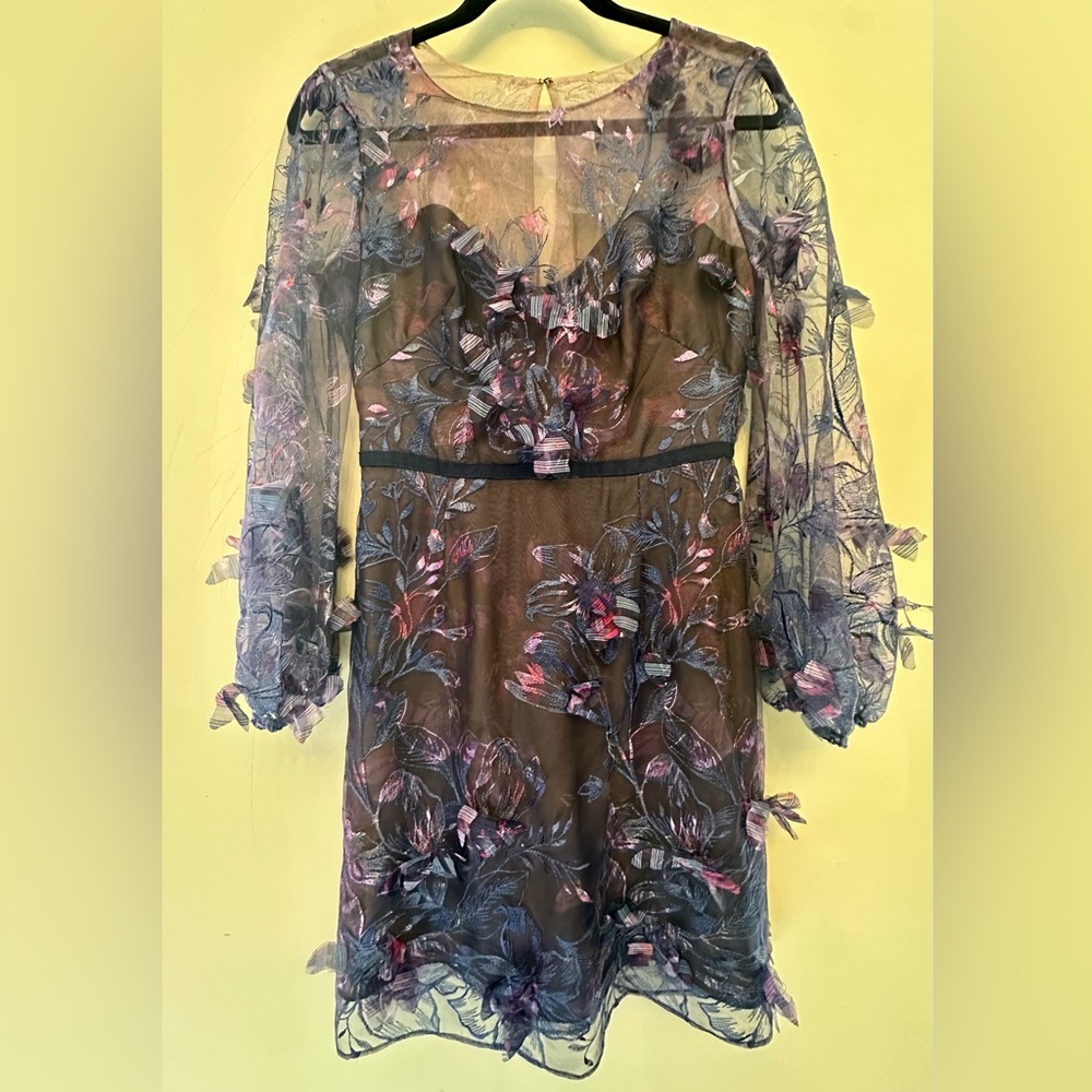 Marchesa Notte Purple & Pink Floral Illusion Long Sleeve Dress Size 4